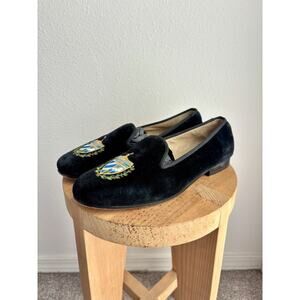 Women's Stubbs & Wootton Black Velvet Crest Shoes Slippers Sz 6.5
